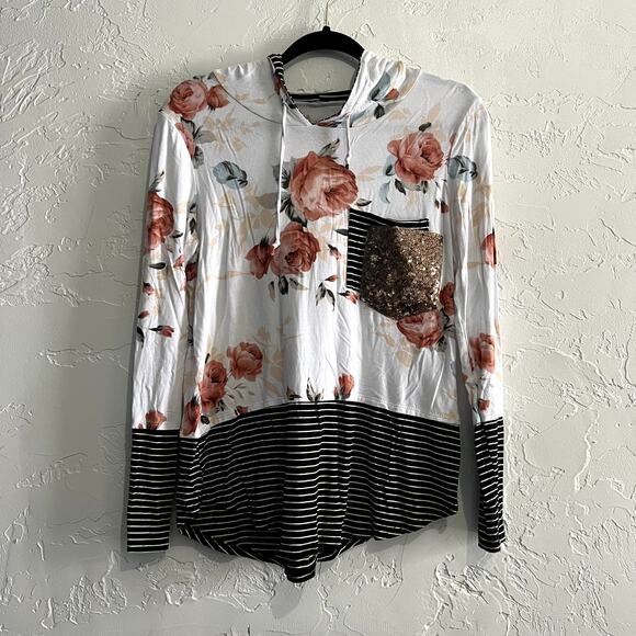 Floral sparkly long sleeve hooded top womens small boho chic ethereal casual - Picture 1 of 4